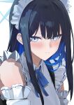 1girl absurdres alternate_costume apron birthday black_hair blue_archive blue_bow blue_bowtie blue_eyes blue_hair blue_halo blush bow bowtie breasts closed_mouth clothing_cutout colored_inner_hair commentary_request evening_rabbit halo highres large_breasts long_hair looking_at_viewer maid maid_apron maid_headdress multicolored_hair portrait saori_(blue_archive) shoulder_cutout simple_background solo white_background 