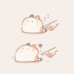  ._. 1other animal animal_focus blush_stickers calico_(pattern) calico_cat cat closed_mouth commentary_request disembodied_hand original poking simple_background totto_(to_tto) translation_request yellow_background 