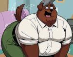 all_fours anthro ass_up belly belt big_butt black_nose bottomwear brown_body brown_fur butt canid canine canis clothing domestic_dog dominant dominant_human eyewear faceless_character faceless_male family_guy fur furniture glasses hand_on_head headpat hi_res human inside living_room male male/male mammal moobs motion_lines multicolored_body open_mouth overweight overweight_anthro overweight_male pants peter_griffin peter_griffin_(dog_universe) raised_tail rolled_up_sleeves shirt sofa submissive submissive_male syndr0maniac tail tail_motion tailwag thick_thighs toony topwear two_tone_body white_clothing white_shirt white_topwear wide_hips