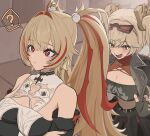  +_+ 2girls ? bare_shoulders black_jacket black_shirt black_tube_top blonde_hair blush breasts burnice_white claret_flint commentary_request detached_sleeves eyewear_on_head hair_ornament hair_ribbon highres jacket large_breasts long_hair mole mole_under_eye multiple_girls open_mouth red-tinted_eyewear red_eyes red_nails red_ribbon ribbon shirt sphere_hair_ornament spoken_question_mark strapless sunglasses tinted_eyewear tube_top twintails waochanko zenless_zone_zero 