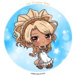  1girl abstract_background apron artist_request blonde_hair blush border bow bowtie braid braided_base brown_eyes brown_shoes chibi chibi_only closed_mouth copyright_notice dark-skinned_female dark_skin dress english_text food food_court_de_mata_ashita frilled_apron frills full_body gingham_clothes gingham_dress hairband holding holding_ice_cream_cone ice_cream ice_cream_cone logo long_dress long_hair long_sleeves looking_at_viewer maid_apron official_art orange_bow orange_bowtie orange_dress orange_hairband parted_bangs second-party_source shoes smile solo star_(symbol) tan two-tone_dress white_apron white_border white_dress yamamoto_(food_court) 