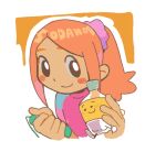  1girl absurdres black_eyes blush_stickers bottle commentary_request dark_skin hakaba_(ksni_tbn) highres jump-rope_tutor_(rhythm_tengoku) long_hair orange_hair pet_(rhythm_tengoku) ponytail rhythm_tengoku rhythm_tengoku_miracle_stars scrunchie smile solo upper_body 