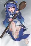  1girl absurdres apron artist_name blue_eyes blue_hair blush deepseek deepseek-tan dress feet fins fish_tail foot_focus frills highres holding holding_spoon long_hair long_sleeves looking_at_viewer maid maid_apron morenr no_shoes open_mouth personification soles solo spoon tail thighhighs toes very_long_hair virtual_youtuber white_apron white_thighhighs 