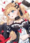  1girl :d absurdres animal bed_sheet black_bow black_dress blonde_hair blue_eyes blush bow braid breasts bug butterfly cellphone center_frills chiune_(yachi) cleavage commentary_request dress ear_piercing earrings frilled_dress frills hair_bow hand_up highres jewelry layered_sleeves long_hair long_sleeves mahou_shoujo_no_majo_saiban medium_breasts mole mole_under_eye phone piercing puffy_short_sleeves puffy_sleeves saeki_miria short_over_long_sleeves short_sleeves smile solo upper_body very_long_hair wide_sleeves 