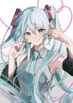  105kurogoma 1girl absurdres arm_tattoo bare_shoulders birthday black_sleeves blue_eyes blue_hair blue_nails blue_necktie blush breasts closed_mouth collared_shirt detached_sleeves eyelashes fingernails floating_hair grey_shirt hair_between_eyes hair_ornament hands_up hatsune_miku headphones heart heart_of_string highres long_hair long_sleeves looking_at_viewer medium_breasts microphone nail_polish necktie number_tattoo shirt sidelocks simple_background sleeveless sleeveless_shirt smile solo tattoo tie_clip twintails very_long_hair vocaloid white_background wide_sleeves 