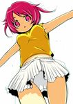  :o armpits cowboy_shot eyebrows_visible_through_hair looking_at_viewer navel onija_tarou original outstretched_arms panties pantyshot pink_eyes pink_hair pleated_skirt shirt short_hair short_twintails simple_background skirt sleeveless sleeveless_shirt solo twintails underwear white_background white_panties yellow_shirt 