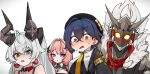 1boy 3girls absurdres akaika_(aka) aurelia_academy_school_uniform bare_shoulders belle_(brilliance_of_stars)_(zenless_zone_zero) belle_(zenless_zone_zero) billy_kid billy_kid_(starlight) black_hat black_horns blue_eyes blue_hair blush breasts brown_eyes clothed_robot commentary_request crossed_bangs detached_collar earrings hair_between_eyes hair_ornament hairclip hat heterochromia highres horns humanoid_robot jewelry large_breasts lindverne_sunbringer long_hair mechanical_horns medium_hair mole mole_on_breast multiple_girls necktie official_alternate_costume open_mouth pink_hair purple_eyes red_scarf remielle_dan remielle_dan_(moonlight_whispers) robot robot_boy scarf school_uniform short_hair simple_background torn_clothes torn_scarf white_background yellow_eyes yellow_necktie zenless_zone_zero 