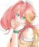  1girl absurdres antenna_hair artist_name bare_shoulders cheek_rest closed_mouth clothing_cutout double-parted_bangs eiyuu_densetsu english_commentary from_side green_eyes hair_between_eyes hair_tuft hands_on_own_cheeks hands_on_own_face highres judith_lanster kuro_no_kiseki_(series) kuro_no_kiseki_i long_hair looking_at_viewer multicolored_hair pink_hair pink_streaks shoulder_cutout silenia smile solo streaked_hair turning_head two-tone_hair upper_body v-shaped_eyebrows wristband 