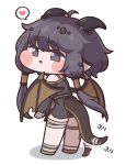  1girl bandaged_hand bandaged_leg bandages belt_pouch black_eyes black_hair black_tunic blush_stickers chibi commentary_request dragon_ears dragon_girl dragon_horns dragon_tail dragon_wings from_behind full_body heart highres horns kidian_(trickcal) pouch simple_background solo speech_bubble spoken_heart standing suwa_yasai tail tail_wagging trickcal tunic white_background wings 