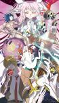  1girl 3boys amaterasu_(ookami) animal annotated arceus belt black_belt black_eyes blue_hair bow bracelet brown_eyes brown_hair brown_jacket brown_pants cat_(nyanko_daisensou) cat_god_(nyanko_daisensou) closed_mouth collared_shirt colored_sclera commentary crossover death_note dress drum electricity electrokinesis english_commentary evil_grin evil_smile facial_mark fire food fruit gloves gold_bracelet green_sclera grin hair_bow half-closed_eyes hand_up hands_up hat head_tilt highres holding holding_food holding_fruit holding_staff instrument jacket jewelry kaname_madoka kirby_(series) kirby_star_allies lapels long_earlobes long_hair looking_at_viewer lying magical_girl mahou_shoujo_madoka_magica mahou_shoujo_madoka_magica_(anime) mitsudomoe_(shape) multiple_boys multiple_bracelets muscular muscular_male necktie nyanko_daisensou odd_one_out ohyou_wake on_back one_piece ookami_(game) open_clothes open_hand open_jacket orange_pants own_hands_clasped own_hands_together pants parted_lips pink_bow pink_eyes pink_hair pink_wings pokemon pokemon_(creature) praying puffy_pants purple_sash red_eyes red_necktie sash shirt signature smile solid_oval_eyes space staff striped_clothes striped_pants taiko_drum tomoe_(symbol) topless_male towel towel_around_waist trait_connection two_side_up ultimate_madoka vertical-striped_clothes vertical-striped_pants very_long_hair void_termina void_termina_(final_core) white_dress white_gloves white_hat white_shirt white_wolf wings wolf yagami_light 