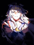  1girl ahoge animal_ears black_background blue_eyes chinese_commentary clenched_teeth commentary_request crossed_arms crying crying_with_eyes_open ear_ornament floating_hair grey_hair hair_ornament highres horse_ears horse_girl long_hair long_sleeves looking_at_viewer nanjiaobeiyuan oguri_cap_(starlight_beat)_(umamusume) oguri_cap_(umamusume) self_hug shirt solo tears teeth umamusume umamusume:_cinderella_gray upper_body white_shirt 