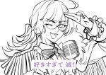 1boy :d ;d ahoge arm_up bow bowtie cape collared_shirt commentary_request epaulettes frilled_sleeves frills fur-trimmed_cape fur_trim highres jack_jeanne long_hair long_sleeves looking_at_viewer male_focus microphone miicuro_o neji_kokuto one_eye_closed open_mouth salute shirt side_cape smile solo two-finger_salute v-shaped_eyebrows vintage_microphone 