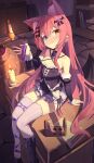  1girl absurdres animal_ear_fluff animal_ears blue_eyes blush boots bottle bow breasts candle cat_ears choker commentary_request corset detached_sleeves frills gothic_lolita hair_bow hair_ornament heterochromia highres holding indoors kyuuhyaku lolita_fashion long_hair looking_at_viewer original pink_hair potion sitting small_breasts solo table tail thighhighs very_long_hair white_thighhighs yellow_eyes 