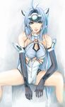  android bad_id bad_pixiv_id bare_shoulders black_gloves blue_eyes blue_hair bodysuit breasts cube elbow_gloves gloves headpiece kos-mos kos-mos_ver._4 leaning_forward looking_at_viewer medium_breasts saijou_hirokazu sitting solo spread_legs underboob xenosaga xenosaga_episode_iii 