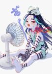  1boy absurdres aged_down animal_on_head aqua_hair aqua_shirt bare_legs bare_shoulders barefoot between_legs black_hair blue_hair blush body_markings closed_eyes commentary_request con_(fate) creature electric_fan eyeshadow fan_speaking fate/grand_order fate_(series) feet fingernails gloves green_hair green_shorts grey_background hand_between_own_legs highres long_hair makeup male_focus multicolored_hair nao_oppaisukiii on_head open_mouth partial_commentary red_eyeshadow red_ribbon ribbon shirt shorts simple_background sitting sleeveless soles solo streaked_hair sweat sweatdrop taisui_xingjun_(fate) tank_top trap white_background wind 