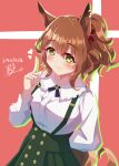  1girl absurdres animal_ears aston_machan_(casual)_(umamusume) aston_machan_(umamusume) blush breasts brown_hair casual closed_mouth commentary_request ear_scrunchie green_eyes green_skirt hair_ornament hair_scrunchie heart highres horse_ears horse_girl horse_tail long_sleeves looking_at_viewer mashiroken07 medium_breasts medium_hair one_side_up red_scrunchie scrunchie shirt skirt smile solo suspender_skirt suspenders tail umamusume white_shirt 
