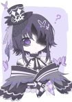  1girl ? artist_name bare_shoulders black_hair black_hat black_kimono border butterfly_hair_ornament butterfly_hat_ornament closed_mouth commentary_request cropped_torso deformed dress flower hair_ornament hat hat_flower hat_ornament housho_margo japanese_clothes kimono kotetsu_080 lolita_fashion mahou_shoujo_no_majo_saiban neck_ribbon off-shoulder_dress off_shoulder one_eye_covered purple_background purple_eyes ribbon short_hair signature simple_background solo spoilers top_hat upper_body wa_lolita white_border witch_(manosaba) 