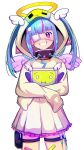  1girl :i absurdres angel_wings bandaid bandaid_on_leg bandaid_on_thigh blue_hair blue_liquid blunt_bangs collar commentary commission cowboy_shot creature crt dress earrings english_commentary eyepatch frilled_dress frills grin hair_ornament halo head_tilt head_wings highres holding holding_creature hood hood_up hooded_dress indie_virtual_youtuber intravenous_drip jewelry kkcyber kkcyber_(kk_2.0) long_hair long_sleeves medical_eyepatch metal_collar multicolored_hair multiple_wings pill_earrings pill_hair_ornament pink_eyes pink_streaks pouch radio_antenna seeder-kun_(kkcyber) septhy sidelocks simple_background sleeves_past_fingers sleeves_past_wrists smile sparkling_eyes standing streaked_hair syringe syringe_holster teeth thigh_pouch thigh_strap traditional_halo twintails variant_set virtual_youtuber white_background white_dress white_wings wings y2k_fashion 