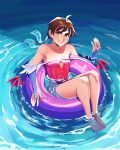  1girl afloat bare_shoulders barefoot breasts bridal_gauntlets brown_eyes brown_hair clothing_cutout cosplay darkstalkers diamond_cutout dnymtho feet full_body gloves head_wings headband highres innertube kasugano_sakura legs leotard lilith_(darkstalkers) lilith_(darkstalkers)_(cosplay) looking_at_viewer partially_submerged red_leotard short_hair small_breasts smile solo street_fighter street_fighter_zero_(series) swim_ring swimsuit toenails toes water white_headband wings 
