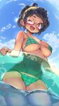 1girl :d ;d aqua_bikini bikini black_hair blue_sky blush breasts brown_eyes cleavage cloud commentary cowboy_shot day english_commentary from_below glasses green_bikini groin hairband highres holding holding_swim_ring innertube large_breasts life_is_pi looking_at_viewer navel one_eye_closed open_mouth outdoors pink-framed_eyewear plaid_bikini plaid_clothes red-framed_eyewear rottytops rottytops_(human) semi-rimless_eyewear shantae_(series) short_hair sky smile solo standing strap_gap string_bikini striped_bikini striped_clothes swim_ring swimsuit under-rim_eyewear underboob wading water 