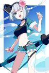  1girl :d ;d alternate_costume bikini black_bikini black_choker black_hairband black_jacket blue_eyes breasts choker commentary_request cropped_jacket flower green_shorts grey_hair hair_flower hair_ornament hairband highres hitodama jacket katana konpaku_youmu konpaku_youmu_(ghost) looking_at_viewer medium_breasts misatarou_1120 navel one_eye_closed open_clothes open_jacket open_mouth pink_flower scrunchie sheath sheathed short_hair shorts smile solo stomach swimsuit sword sword_on_back teeth touhou touhou_gensou_eclipse upper_teeth_only weapon weapon_on_back wrist_scrunchie 