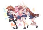  4girls alternate_costume angelina_(arknights) angelina_the_mellow_wish_(arknights) animal_ear_fluff animal_ears arknights bag black_bag black_hairband black_shoes black_thighhighs blonde_hair blue_sailor_collar blue_skirt brown_hair chinese_commentary closed_mouth commentary_request fox_ears fox_girl full_body hairband highres holding_hands jacinta_(arknights) loafers long_hair loose_socks migangsanchong multiple_girls neckerchief pink_eyes pink_hair pleated_skirt rabbit_ears rabbit_girl raccoon_ears raccoon_girl red_neckerchief sailor_collar school_uniform serafuku shirt shoes shoulder_bag skirt smile socks thighhighs thumpy_(arknights) timeslot_(arknights) twintails walking white_background white_shirt white_socks white_thighhighs 