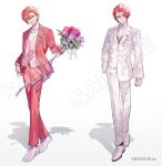  1boy ahoge akagi_wen arm_at_side asymmetrical_jacket black_streaks blue_eyes bouquet bow bowtie brooch chain_around_leg closed_mouth commentary_request company_name copyright_notice curtained_hair daffodil dress_shoes ear_chain earrings flower frilled_sleeves frills full_body gauze gauze_on_cheek gem gold_earrings grin groom hair_behind_ear hair_between_eyes hand_in_pocket holding holding_bouquet jacket jewelry lapel_pin lapels linked_piercing long_sleeves looking_at_viewer male_focus multicolored_hair multiple_views necklace nijisanji notched_lapels official_alternate_costume official_art open_clothes open_jacket oxfords ozaki_domino pants pearl pearl_necklace piercing pink_flower pink_hair pink_jacket pink_pants pink_rose pink_suit pink_vest plaid_clothes plaid_vest pocket_square print_jacket purple_flower purple_ribbon red_vest ribbon rose sample_watermark shadow shirt shoes short_hair side-by-side side_part simple_background smile standing star_brooch streaked_hair suit suit_jacket teardrop-shaped_gem thighlet traditional_bowtie turtleneck turtleneck_shirt tuxedo_shirt undercut vest virtual_youtuber wallet_chain watermark white_background white_bow white_bowtie white_flower white_gem white_jacket white_pants white_shirt white_shoes white_suit wingtip_collar 