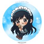  1girl abstract_background apron artist_request black_hair black_pantyhose blue_dress blue_hairband blush border brown_eyes brown_shoes chibi chibi_only copyright_logo copyright_notice dress english_text food food_court_de_mata_ashita food_on_face frilled_apron frilled_dress frills full_body hairband holding holding_ice_cream_cone ice_cream ice_cream_cone licking_lips logo long_hair long_sidelocks looking_at_viewer maid maid_apron maid_headdress mary_janes official_art pantyhose second-party_source shoes short_dress sidelocks solo tongue tongue_out very_long_hair wada_(food_court) white_apron white_border 