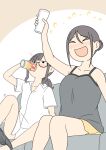  >_< 2girls :d arm_up bare_arms bare_shoulders black-framed_eyewear black_panties blush bow bow_panties breasts brown_background brown_hair camisole can closed_eyes collarbone collared_shirt commentary_request couch cup dress_shirt drinking drinking_glass feet_out_of_frame flying_sweatdrops glasses grey_camisole hair_bun holding holding_can holding_cup juukyuu kaho_(juukyuu) long_hair low_ponytail medium_breasts multiple_girls nose_blush on_couch original panties panty_pull ponytail shiho_(juukyuu) shirt short_shorts shorts sitting smile solid_circle_eyes squeans two-tone_background underwear white_background white_shirt xd yellow_shorts 