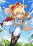  1girl animal_ears asymmetrical_jacket blonde_hair blue_eyes blue_sky blush bodysuit breasts commentary daweykun durandal_(chevalier_fidele)_(umamusume) durandal_(umamusume) ear_covers epaulettes frilled_bodysuit gloves hair_between_eyes highres horse_ears horse_girl horse_tail long_hair multicolored_hair open_mouth outdoors running single_ear_cover sky solo tail two-tone_hair umamusume white_bodysuit white_gloves white_hair 