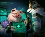  2boys animal_ears black_gloves closed_eyes commentary commission english_commentary fat fat_man fingerless_gloves furry furry_male glasses gloves grin highres holographic_monitor index_finger_raised indoors jacket james_mccloud logo looking_at_another male_focus multiple_boys pig_ears pigma_dengar ricepiratemick smile spikes star_fox star_fox_(2026) teeth thumbs_up 