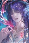 1boy absurdres aegyo_sal alternate_hair_length_(longer) body_markings chain chain_necklace chinese_commentary closed_mouth commentary_request facial_mark fins head_fins highres hualushui jewelry lips long_hair looking_at_viewer love_and_deepspace male_focus merfolk merman mole mole_on_nose mole_under_eye monster_boy necklace official_alternate_costume parted_bangs purple_eyes rafayel_(lemurian_sea_god)_(love_and_deepspace) rafayel_(love_and_deepspace) scales solo upper_body 