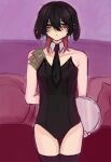  1boy animal_ear_piercing arm_behind_back black_hair black_necktie commentary_request couch cowboy_shot esse_series highres hitani_(esse_series) holding holding_plate indoors male_playboy_bunny money multicolored_hair necktie nippon_kyuuyaku_bunny_club_(esse_series) plate red_eyes short_necktie thigh_gap thighhighs totsuzen_e tucked_money two-tone_hair 