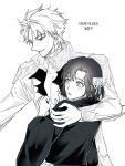  1boy 1girl bleach bleach:_sennen_kessen-hen coat commentary_request greyscale hair_ornament height_difference highres hinamori_momo hitsugaya_toushirou hitsugaya_toushirou_(adult) ice japanese_clothes korean_commentary korean_text mimyo_(wyaox2) monochrome open_clothes open_coat shihakusho smile sweatdrop torn_clothes translation_request 