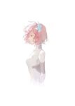  1girl android blue_flower carrus commentary cropped_torso cytus cytus_ii expressionless flower from_side hair_flower hair_ornament highres metal_skin pink_eyes pink_hair profile short_hair simple_background skin_seams upper_body vanessa_(cytus_ii) white_background 