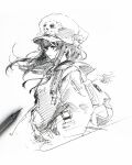  1girl backpack bag closed_mouth commentary_request from_side graphite_(medium) greyscale guilty_gear guilty_gear_strive hands_in_pockets hat highres hood hoodie long_hair long_sleeves may_(guilty_gear) monochrome nt50 sketch skull_and_crossbones solo traditional_media 