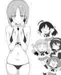  5girls :3 ahoge akiyama_yukari arms_up bikini blunt_bangs blush breasts chibi clenched_hands commentary_request flying_sweatdrops girls_und_panzer greyscale hairband henyaan_(oreizm) highres isuzu_hana long_hair looking_at_viewer monochrome multiple_girls navel neckerchief nishizumi_miho o_o ooarai_school_uniform open_mouth outstretched_arms pleated_skirt reizei_mako school_uniform serafuku short_hair simple_background skindentation skirt smile socks standing swimsuit takebe_saori w_arms 