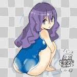  bad_id bad_pixiv_id checkered checkered_background copyright_request looking_back one-piece_swimsuit purple_eyes purple_hair swimsuit teriyaki 