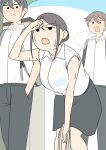  1girl 2boys arm_up backpack bag bare_arms blue_background blue_bra blush bra bra_visible_through_clothes breasts brown_hair closed_mouth collared_shirt commentary_request dress_shirt frown grey_hair grey_pants grey_skirt hair_between_eyes hair_bun hand_in_pocket heavy_breathing juukyuu leaning_forward medium_breasts multiple_boys nose_blush open_mouth original pants see-through_clothes see-through_shirt shiho_(juukyuu) shirt skirt sleeveless sleeveless_shirt sweat two-tone_background underwear v-shaped_eyebrows wet wet_clothes wet_shirt white_background white_shirt 