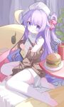  1girl :o absurdres ahoge azur_lane bare_shoulders blue_eyes blush bow brown_cardigan burger cardigan chinese_commentary commentary_request cup drinking_straw feet food full_body hair_between_eyes hair_bow hair_intakes hat highres long_hair long_sleeves looking_at_viewer ningmeng_jing_jing_jing_jing no_shoes off_shoulder one_side_up open_cardigan open_clothes open_mouth pantyhose pink_bow plate purple_hair shirt sitting sleeveless sleeveless_shirt soles solo unicorn_(angelic_nurse)_(azur_lane) unicorn_(azur_lane) very_long_hair white_hat white_pantyhose white_shirt 