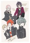  5boys ahoge black_jacket blonde_hair bow bowtie commentary_request curtained_hair gakuran glasses green_eyes hair_over_one_eye hara_hikaru jack_jeanne jacket look-alike male_focus multiple_boys neji_kokuto one_eye_covered open_clothes open_jacket orimaki_suzu otori_kyoji pink_hair red_bow red_bowtie red_eyes red_hair red_shirt school_uniform shirota_mitsuki shirt short_hair sparkle striped_clothes striped_shirt takashina_sarafumi translated w 