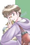  1_pound_no_fukuin 1boy aononmi bandaid bandaid_on_face bandaid_on_nose boxing_gloves brown_eyes brown_hair burger commentary_request dated eating food food_on_face gloves hanataka_kosaku highres holding holding_burger holding_food holding_sack hood hoodie looking_at_viewer male_focus purple_hoodie sack simple_background sitting unworn_gloves 