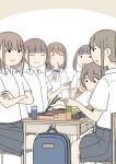  >:) 6+girls backpack bag baguette bendy_straw bento blush bread brown_background brown_hair chair chopsticks closed_eyes closed_mouth collared_shirt commentary_request crossed_arms desk dress_shirt drinking_straw eating food grey_skirt hana_(juukyuu) holding holding_chopsticks holding_food juukyuu kaede_(juukyuu) kanako_(juukyuu) multiple_girls on_chair original pleated_skirt ponytail profile school_chair school_desk school_uniform shirt skirt small_sweatdrop solid_circle_eyes sweat tomo_(juukyuu) twintails two-tone_background unworn_backpack unworn_bag v-shaped_eyebrows wakana_(juukyuu) white_background white_shirt yui_(juukyuu) 