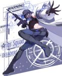  1girl abs absurdres assault_rifle baseball_cap black_gloves black_hair black_hat black_mask blue_archive blue_eyes blue_hair blue_halo breasts coat colored_inner_hair commentary_request crop_top gloves gun halo hat highres holding holding_gun holding_weapon kurosaki_saya large_breasts long_hair looking_at_viewer mask mouth_mask multicolored_hair navel open_clothes open_coat rifle saori_(blue_archive) sig_516 sig_sauer solo thigh_sheath weapon white_coat 