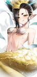  1girl absurdres bare_shoulders bikini black_hair body_fins breasts breasts_apart collarbone commentary_request coral_hair_ornament fins gem green_eyes hagoromo hair_ornament head_fins highres looking_at_viewer lovelovemorel medium_breasts merfolk merfolk_out_of_environment mermaid monster_girl navel pearl pointy_ears see-through_clothes see-through_shawl shawl shell shell_bikini shell_pasties simple_background sitting solo swimsuit thick_eyebrows tongue tongue_out traditional_youkai wet white_background yaobikuni_(youkai_watch) yellow_scales youkai_(youkai_watch) youkai_watch 