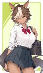  1girl ahoge akasha_(v0id_saga) alternate_costume animal_ears arm_at_side bag black_bag black_skirt border bow bowtie breasts brown_eyes brown_hair collared_shirt commentary commission contrapposto dark-skinned_female dark_skin english_commentary green_background hair_between_eyes highres horse_ears horse_girl horse_tail indie_virtual_youtuber large_breasts looking_at_viewer pleated_skirt red_bow red_bowtie school_uniform second-party_source shirt shirt_tucked_in short_hair shoulder_bag skirt sleeves_rolled_up smile solo star_(symbol) star_in_eye symbol_in_eye tail thighs tomoe_umari toned toned_female virtual_youtuber white_border white_hair white_shirt 