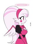 angel arachnid arthropod breast_tuft clothed clothing enaic31 feathered_wings feathers female halo hazbin_hotel hellaverse hi_res humanoid japanese_text molly_(hazbin_hotel) simple_background solo spider text translation_request tuft white_background wings