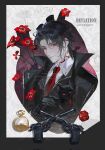  1boy animal black_cat black_coat black_gloves black_hair cat coat collared_shirt gloves gun heart_(organ) highres holding holding_animal holding_cat looking_at_viewer male_focus necktie ouzhoumimei path_to_nowhere red_eyes red_necktie rust_(path_to_nowhere) shirt short_hair solo upper_body weapon white_shirt 