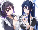  2girls absurdres blue_archive blue_eyes blue_hair blue_halo breast_press breasts brown_hair closed_mouth colored_inner_hair erum_4066 halo highres large_breasts long_hair maid maid_headdress medium_hair multicolored_hair multiple_girls purple_eyes purple_hair purple_halo saori_(blue_archive) simple_background subaru_(blue_archive) subaru_(maid)_(blue_archive) symmetrical_docking two-tone_hair white_background white_headdress yuri 