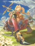  1girl absurdres aircraft airship armor armored_shoes artist_name bike_shorts black_bike_shorts black_shorts blue_eyes blue_sky braid braided_base breasts cleavage cloud commentary_request day dlis floating_hair flower flower_request gauntlets granblue_fantasy grass greaves hair_between_eyes hair_intakes high_heels highres holding holding_polearm holding_weapon huge_weapon large_breasts long_hair looking_up outdoors over_shoulder polearm poleyn shorts skirt sky solo spear squatting twintails twintails_with_braided_base watercolor_effect watermark weapon weapon_over_shoulder white_flower zeta_(granblue_fantasy) 